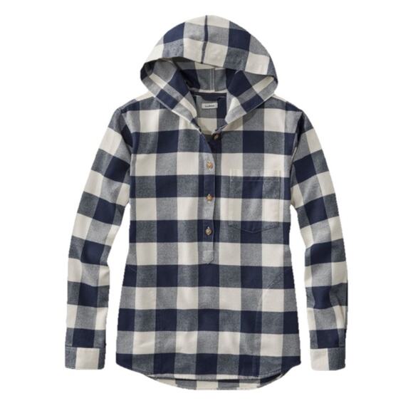 L.L.Bean Women’s Soft-Brushed Midweight Flannel Hoodie Navy Henley Cozy Fall XSP - Picture 1 of 12